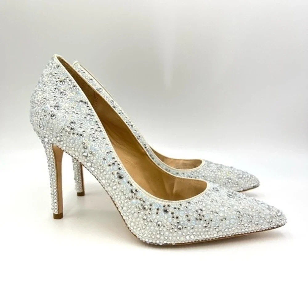 Badgley Mischka Size 8 Bethany Jeweled Stiletto White Satin‎ Pumps Heels Shoes